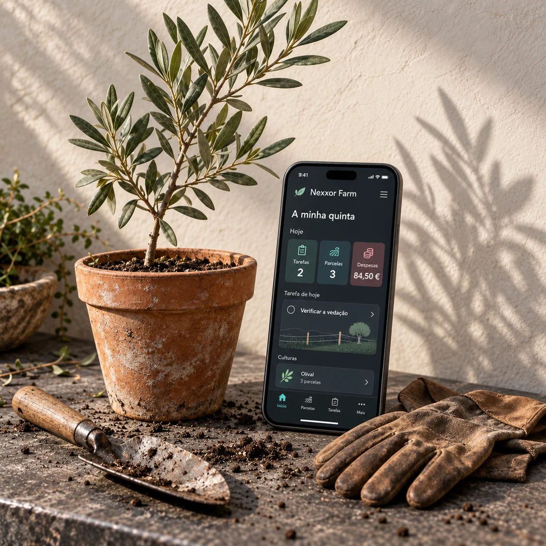 Telemóvel com um painel ilustrativo da Nexxor Farm, junto de uma oliveira e luvas de jardinagem